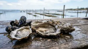 Huîtres fraîches ouvertes et moules posées sur une table en bois près d'un parc ostréicole.