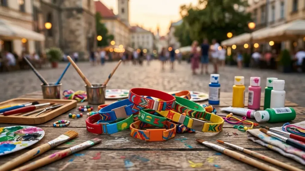 Des bracelets colorés et du matériel de peinture sur une table en bois extérieur.