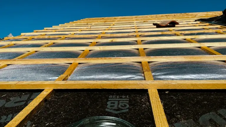 Vue rapprochée d'une structure de toiture en bois en cours de rénovation.