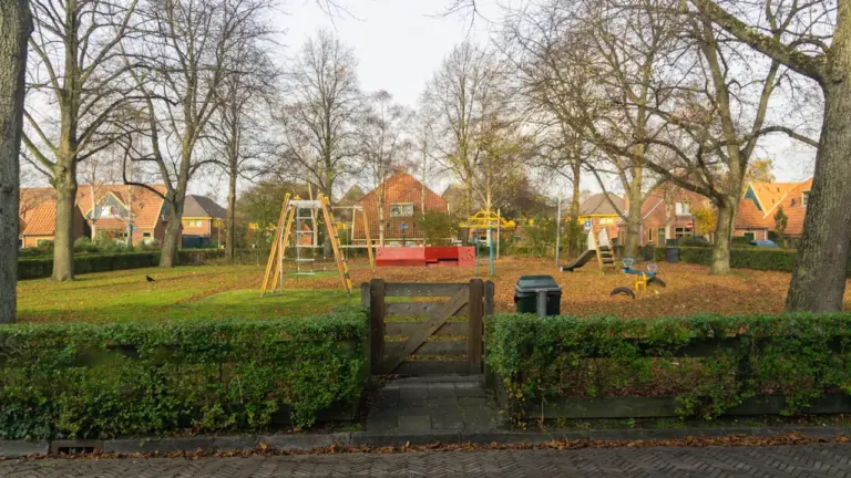 Vue d'ensemble d'un parc de quartier avec aire de jeux et grands arbres.