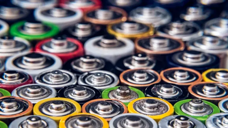 Gros plan sur une multitude de piles usagées colorées prêtes à être recyclées.