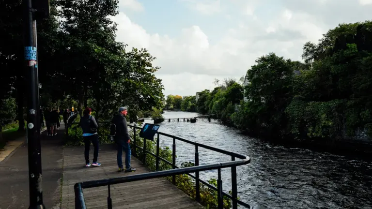 Des personnes marchent sur un sentier arboré au bord d'une rivière à Rezé.