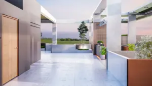 Une pergola moderne en béton blanc sur une terrasse urbaine aménagée avec goût.