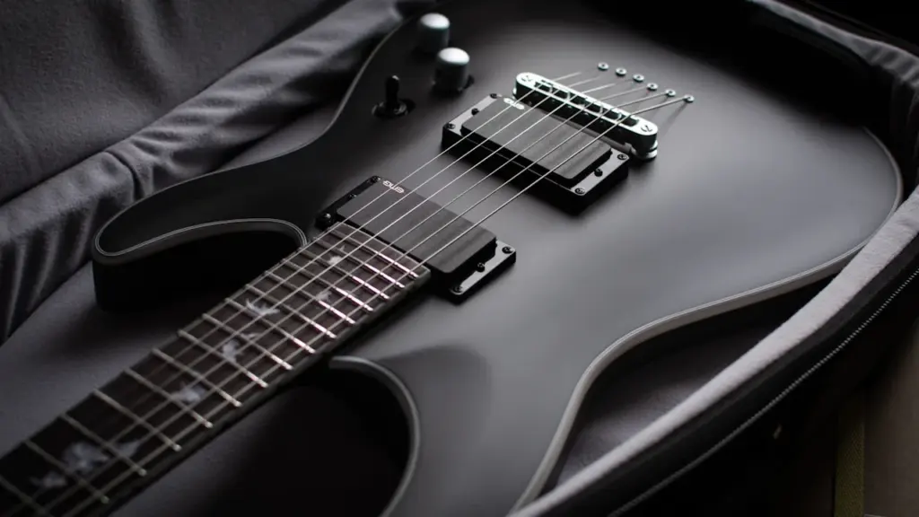 Une guitare électrique noire élégante rangée dans son étui rigide de protection.