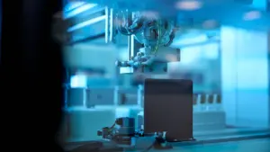 Bras robotique automatisé effectuant des analyses médicales dans un laboratoire moderne